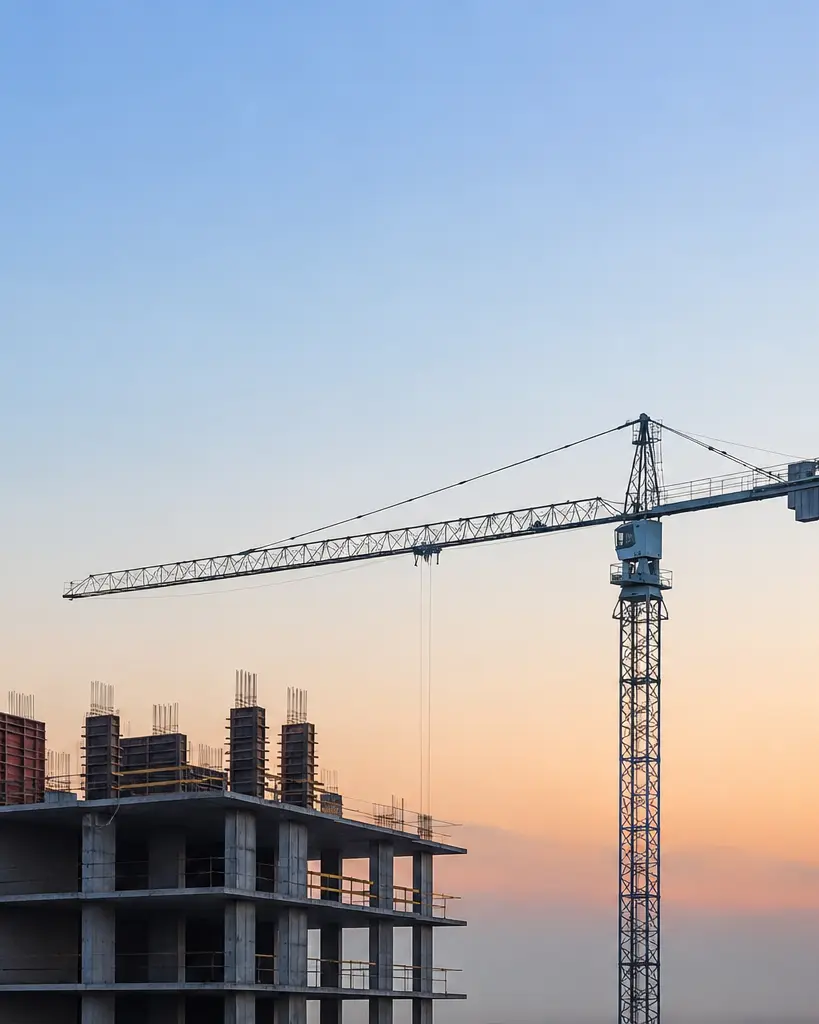 Tower crane over a building under construction at dawn